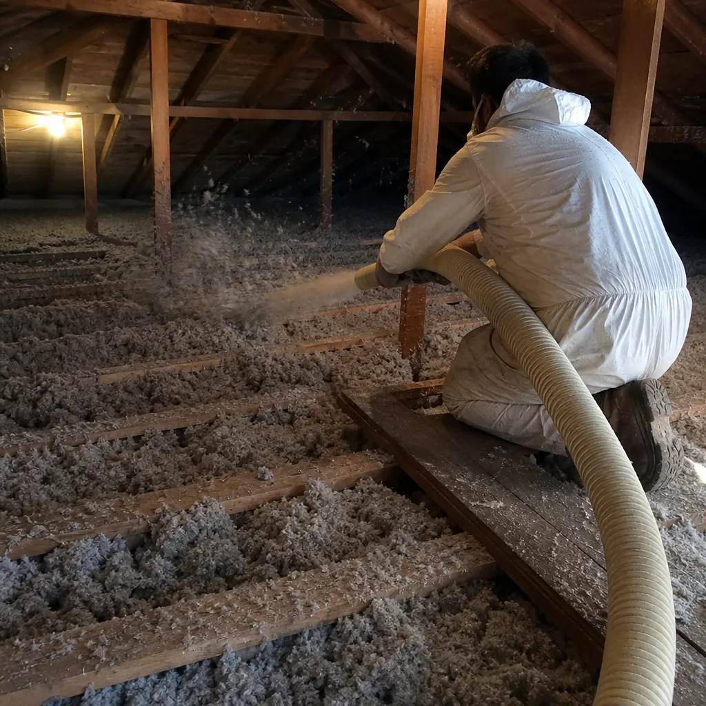 Technician blowing cellulose insulation into attic using pneumatic equipment