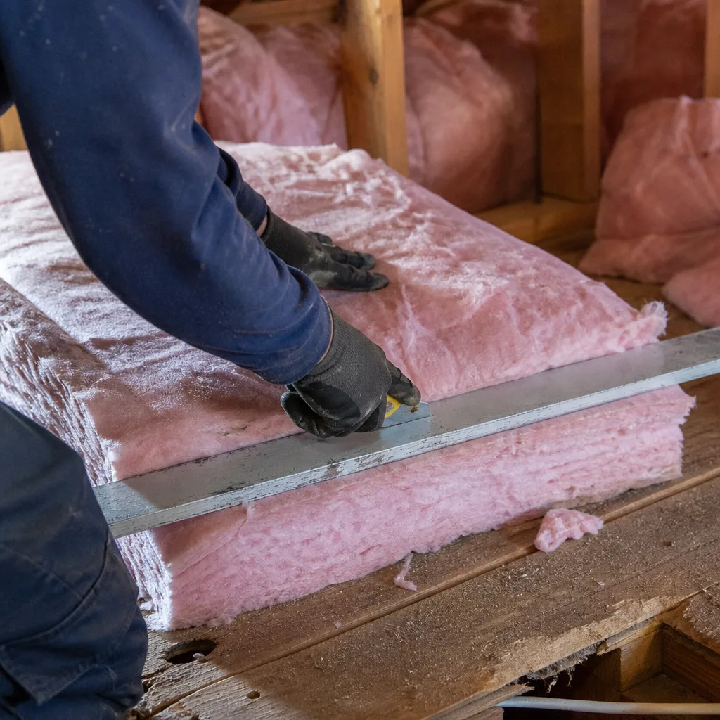 Professional cutting pink fiberglass attic insulation with a straight edge