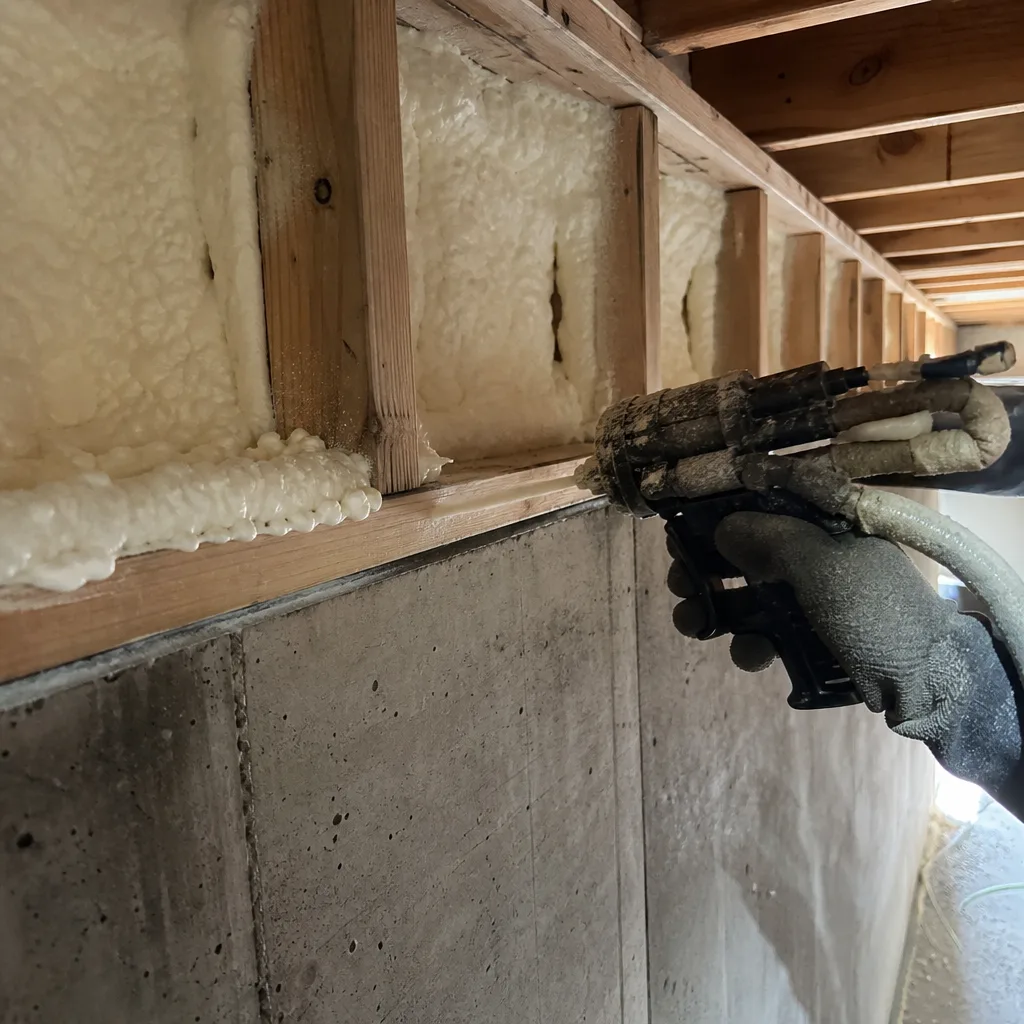 Professional applying spray foam insulation between wall studs