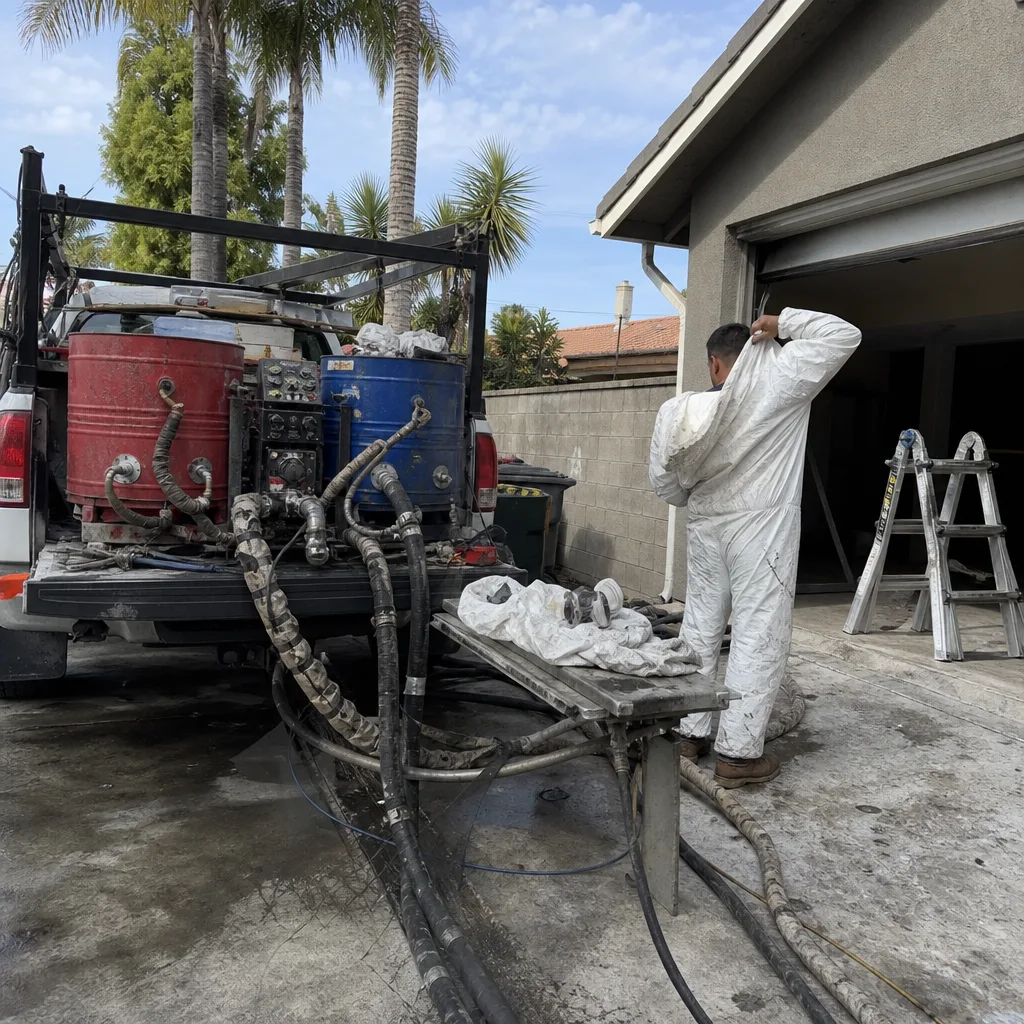 Contractor putting on protective suit for spray foam insulation job