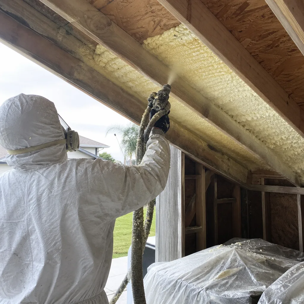 Contractor applying professional spray foam insulation to attic roof rafters